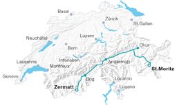 Mapa da Suíça com o percurso do comboio Glacier Express.