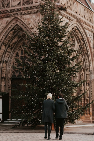 Casal de costas a admirar uma árvore de Natal iluminada em frente a uma catedral
