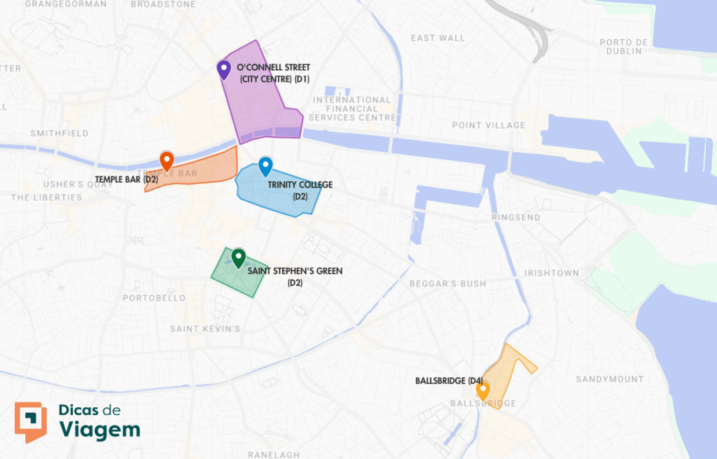 Mapa da zona central de Dublin, com os principais pontos de interesse como a O'Connell Street, o Trinity College, o Temple Bar e o St. Stephen's Green.