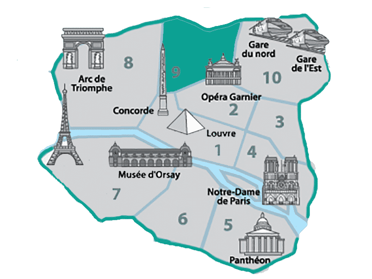 Mapa de onde ficar em Paris na zona de Saint-Lazare, destacando o 9.º arrondissement