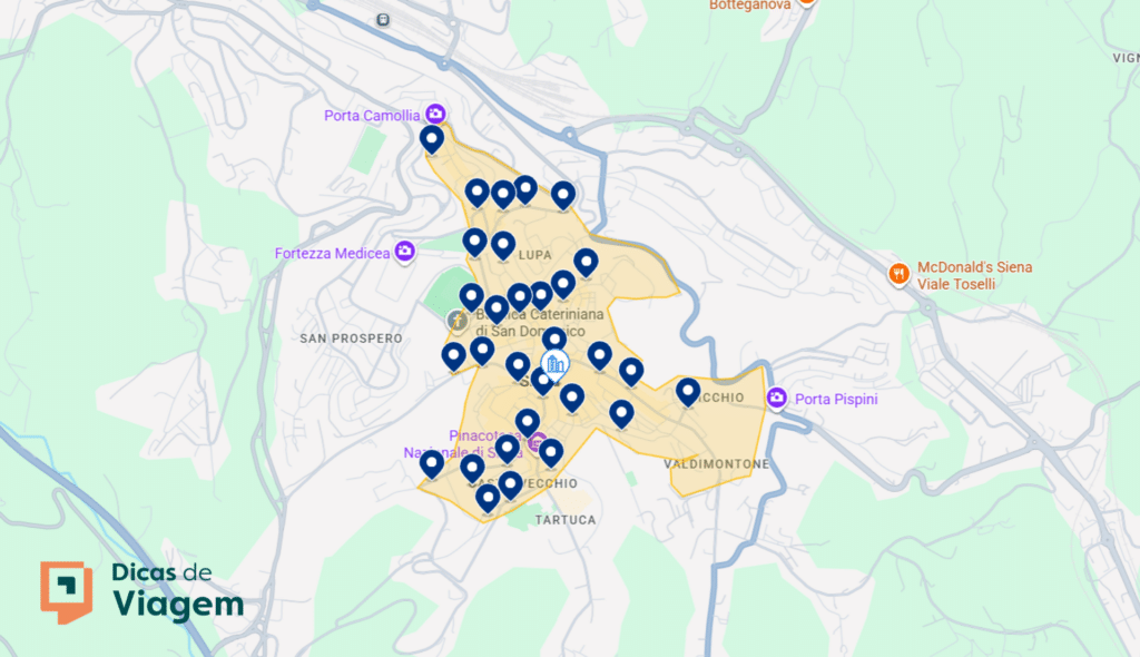 Mapa de Siena com pontos de interesse, restaurantes e a localização da Pinacoteca Nazionale e da Piazza del Campo