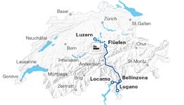 Mapa da Suíça com o percurso do comboio Wilhelm Tell Express.