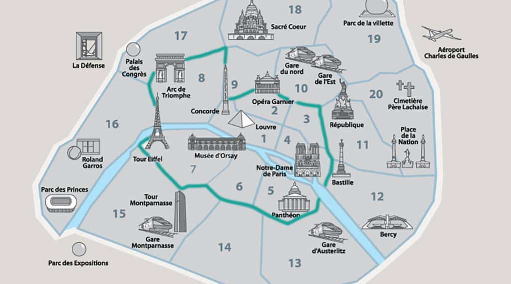 Mapa ilustrativo dos melhores bairros onde ficar em Paris, do 1.º ao 8.º arrondissement