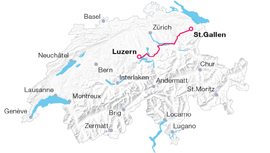 Pequeno mapa da Suíça com o trajeto do Voralpen Pre-Alpine.