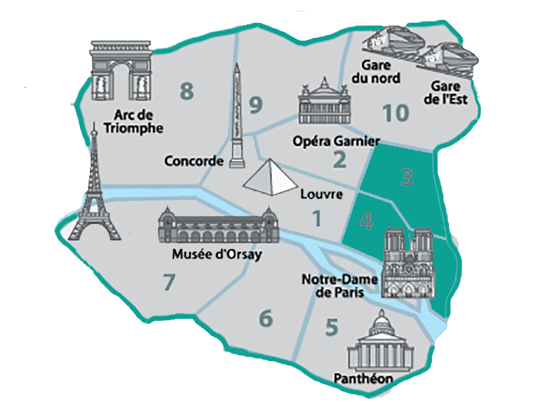 Mapa de onde ficar no Le Marais, destacando o 3.º e o 4.º arrondissement de Paris