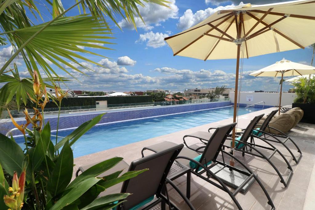 Piscina do Holiday Inn Express & Suites com espreguiçadeiras e chapéus de sol, com vista para a zona urbana a partir do terraço.
