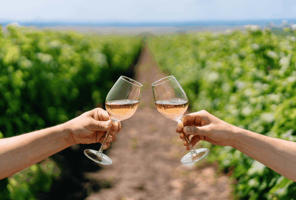 Brinde com copos de vinho rosé numa adega com vinha verde ao fundo. Ilustra este artigo sobre o que fazer em Évora.