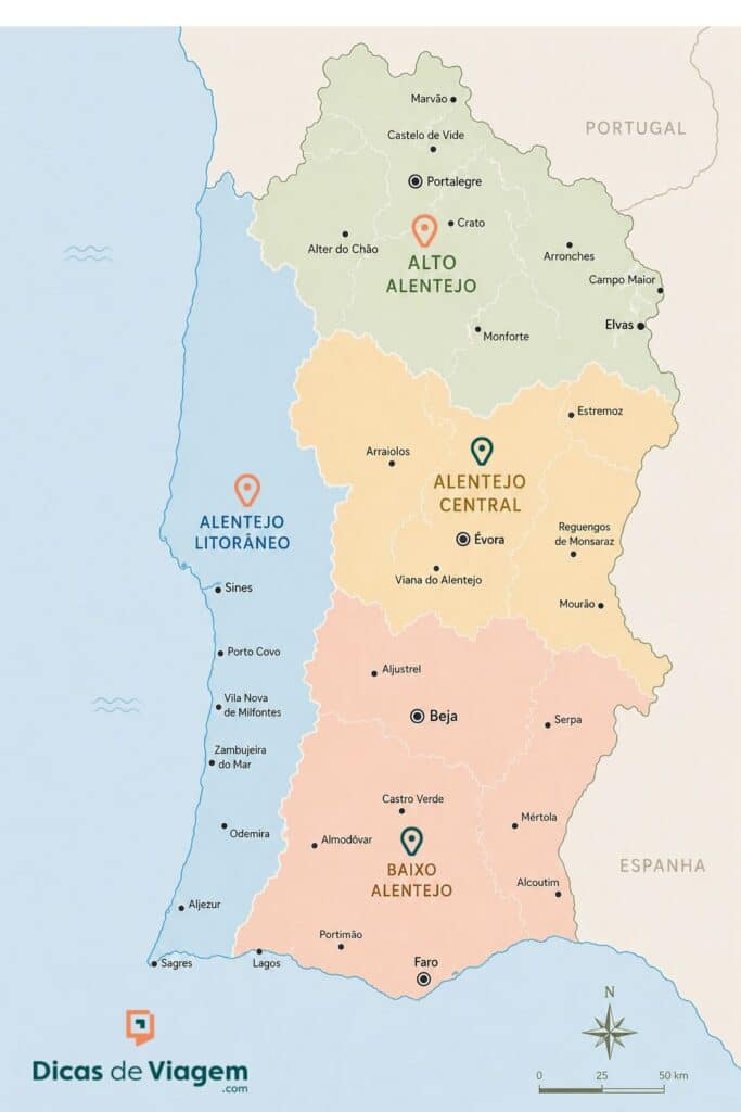 Mapa do Alentejo em Portugal com destaque para as regiões Alto Alentejo, Alentejo Central e Baixo Alentejo e cidades como Évora