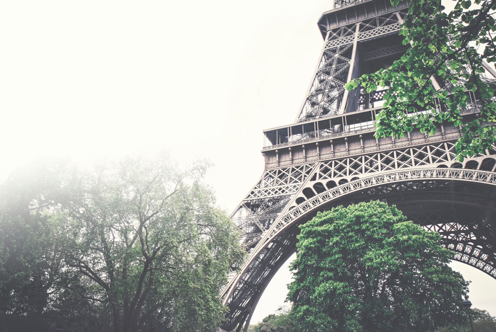 A Torre Eiffel, no 7.º arrondissement, vista de baixo num dia nublado, com copas de árvores no enquadramento