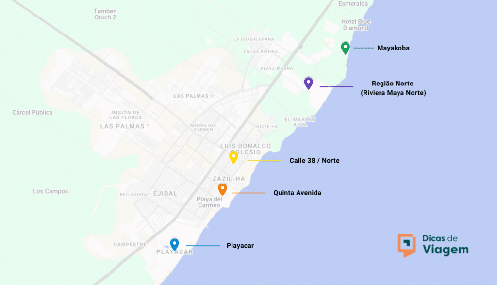 Mapa de Playa del Carmen com zonas como Playacar, Quinta Avenida, zona norte e Mayakoba, de baixo para cima.