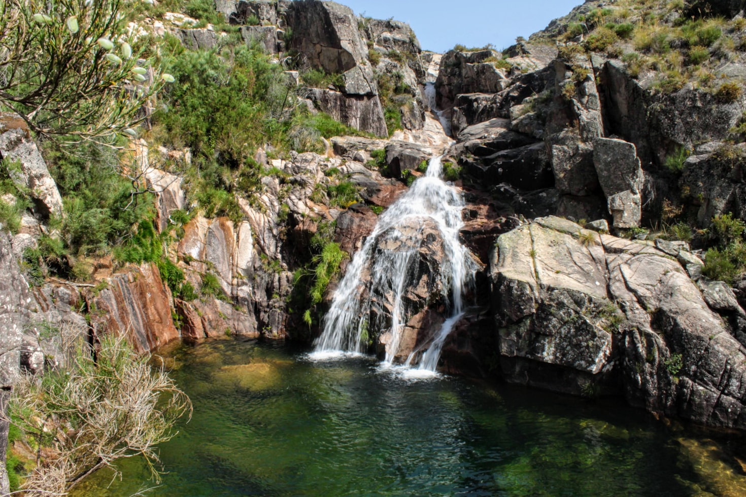 Pequena cascata no Parque Nacional da Peneda-Gerês a descer sobre rochas para uma piscina transparente, rodeada de vegetação.