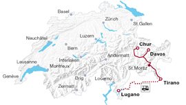 Mapa da Suíça com o trajeto do comboio Bernina.