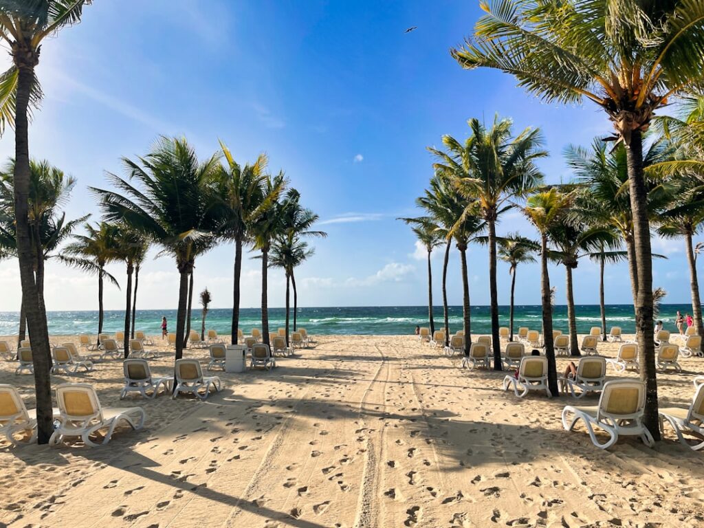 Praia em Playa del Carmen com coqueiros e espreguiçadeiras em dia ensolarado.