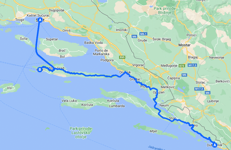 Mapa que mostra uma rota de Split para Hvar e outra de Dubrovnik para Hvar.