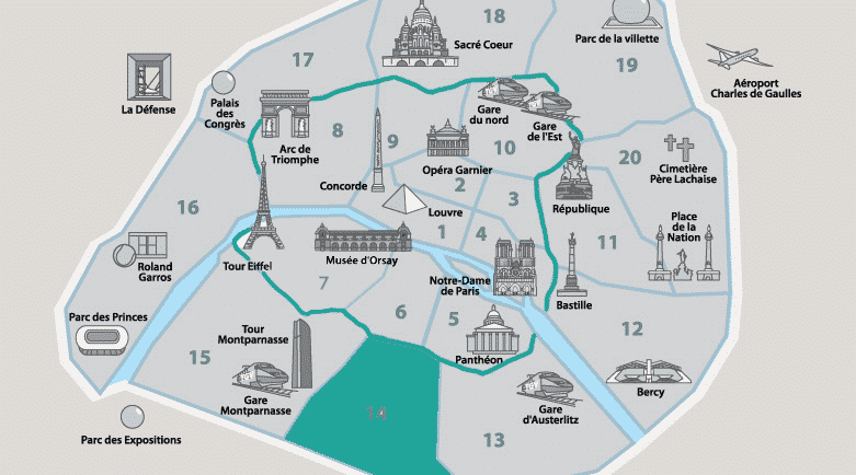 Mapa de onde ficar em Paris, destacando o 14.º arrondissement – Montparnasse