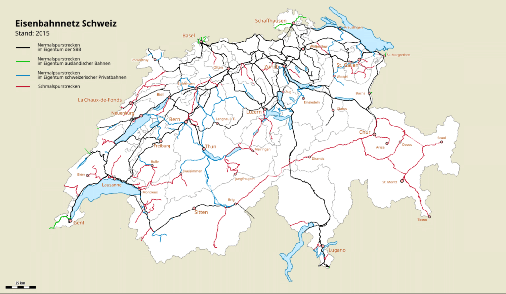 Mapa da rede ferroviária da Suíça. Mostra linhas de bitola padrão, estreita e privada em várias cores.