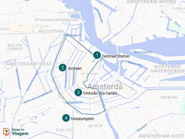 Mapa do centro de Amesterdão a assinalar a Centraal Station, Jordaan, o Cinturão dos Canais e o Museumplein com pontos numerados.