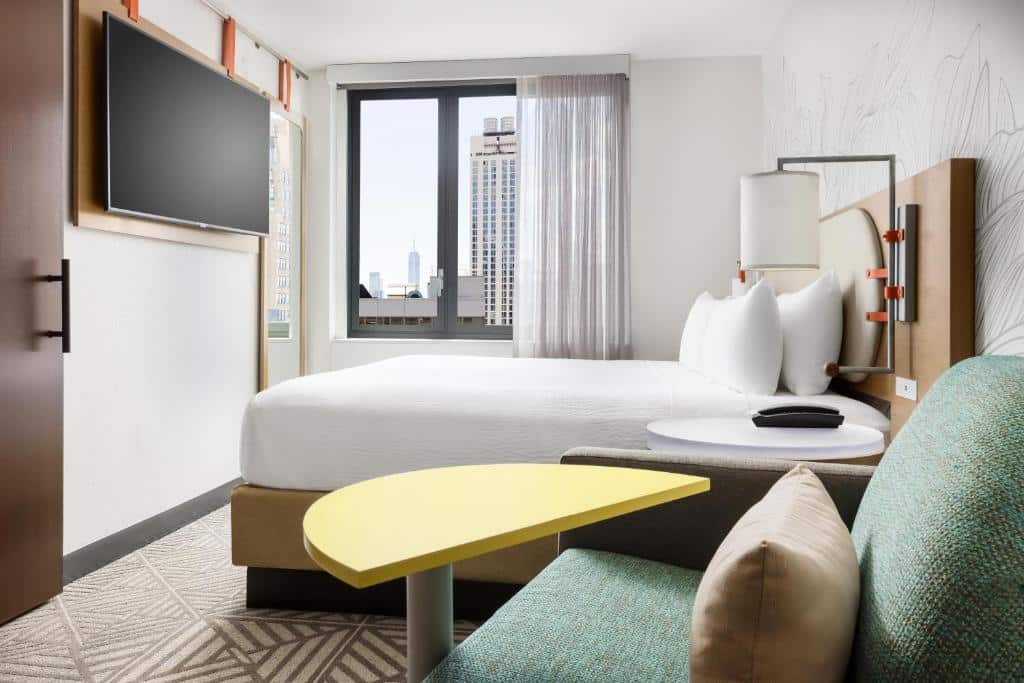 No quarto do SpringHill Suites by Marriott New York Manhattan Chelsea há duas camas de casal com cabeceiras de madeira, lado a lado. À direita, uma secretária com cadeira preta; ao fundo, uma janela com cortinados cinzentos. À esquerda, uma TV na parede sobre uma mesa pequena.