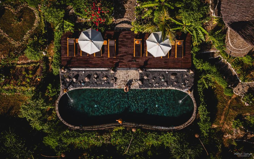 Vista aérea de uma piscina com bordo de pedra rodeada de vegetação, no Penida Bambu Green Suites, em Nusa Penida.