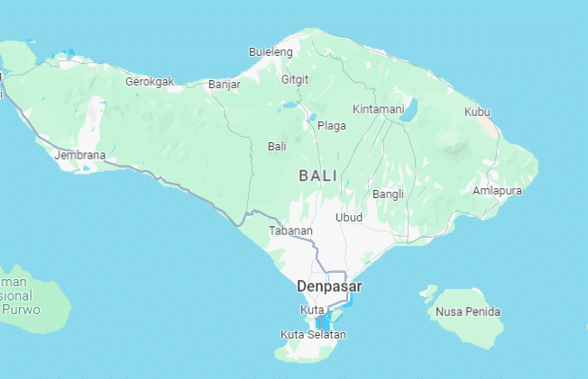Mapa de Bali, na Indonésia, com Denpasar, Ubud, Kuta e as principais zonas e estradas da ilha.