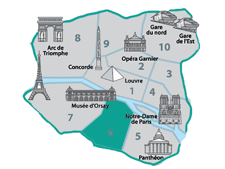 Mapa de onde ficar em Paris, destacando o 6.º arrondissement