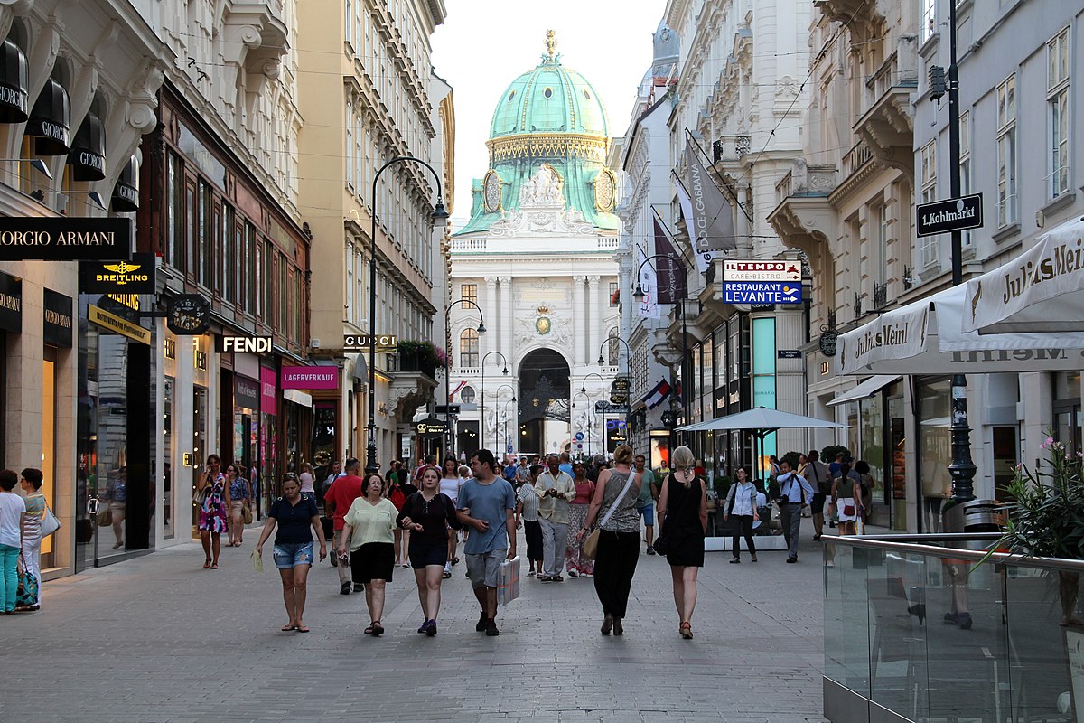 Rua Kohlmarkt, em Viena, movimentada, com lojas de luxo, pessoas a passear e um edifício histórico de cúpula verde ao fundo.