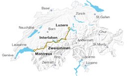 Mapa da Suíça que mostra o percurso do comboio da Golden Pass.