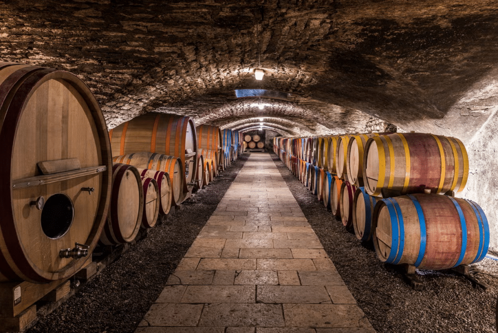 Barris de vinho dispostos de ambos os lados no interior de uma cave.