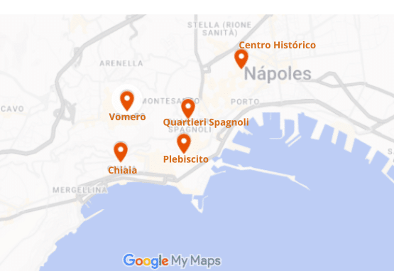 Mapa de Nápoles, Itália, com marcadores a indicar diferentes zonas e pontos de interesse onde ficar, como o Centro Histórico e os Quartieri Spagnoli.