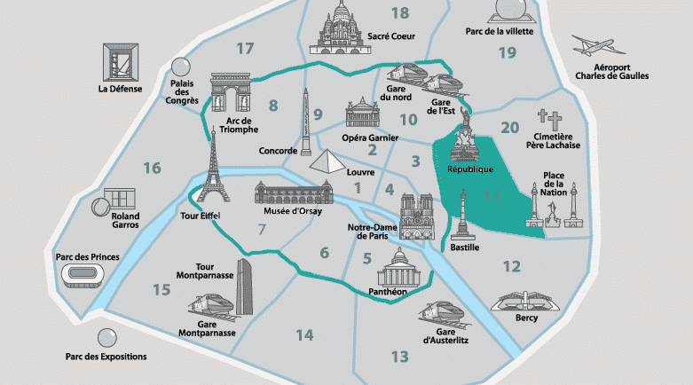 Mapa de onde ficar em Paris, destacando o 11.º arrondissement – République