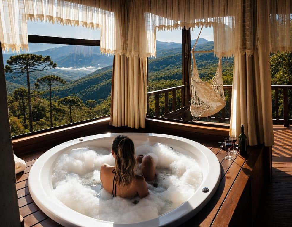 Mulher a relaxar numa banheira de hidromassagem com vista para montanhas em Monte Verde