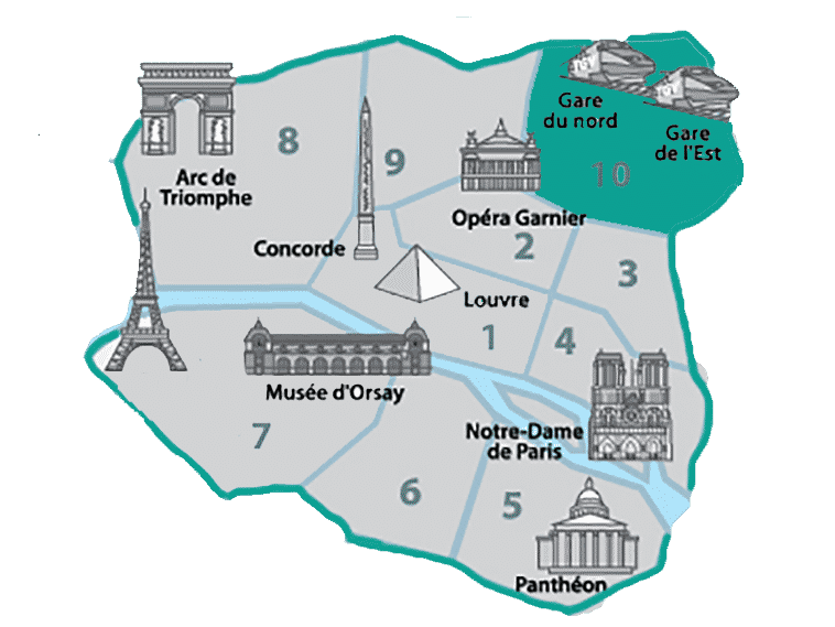 Mapa de onde ficar em Paris, destacando o 10.º arrondissement