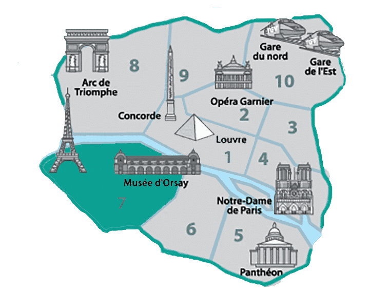 Mapa de onde ficar em Paris perto da Torre Eiffel, destacando o 7.º arrondissement