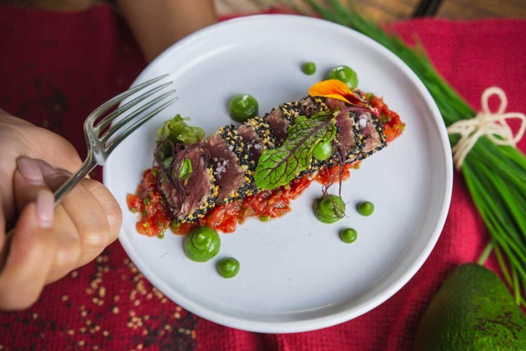 Prato de tataki de atum com abacate, servido no Armazém da Alfândega, em Aveiro.