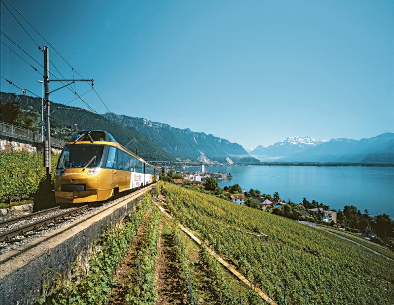 O comboio da Golden Pass durante o dia, com relva, casas e um rio ao fundo. Representa como viajar de comboio pela Suíça.