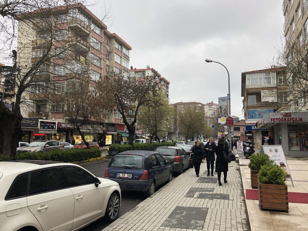 Uma rua da cidade com carros estacionados, pessoas a caminhar no passeio e lojas de ambos os lados, sob um céu nublado.