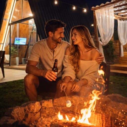 Casal a sorrir, a assar marshmallow numa fogueira à noite, junto a um chalé de madeira moderno na Serra Negra
