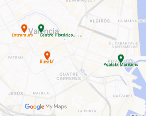 Mapa de Valência com marcadores dos locais mais indicados para ficar: Centro Histórico, Ruzafa, Extramurs e Poblats Marítims.