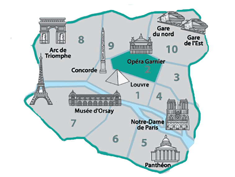 Mapa de onde ficar em Paris destacando o 2.º arrondissement, perto da Ópera Garnier